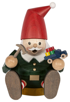 Richard Glässer Räuchermännchen klein sitzend 14 cm - Zwerg mit Hammer und Auto